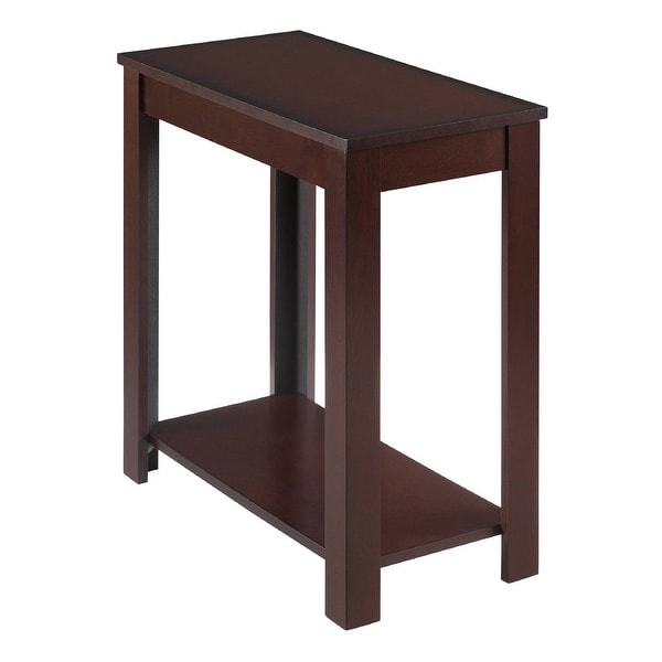 Transitional Chair Side Table Warm Brown Finish Flat Table Top Featuring a warm brown finish lower inlay shelf offers room