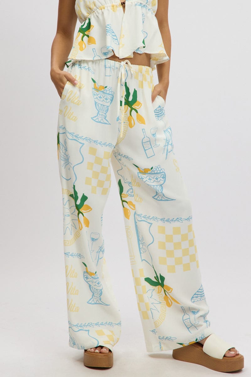 Yellow Abstract Wide Leg Pants High Rise