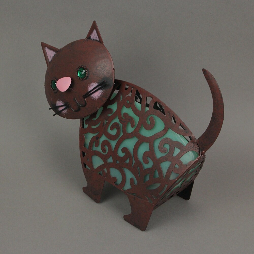 Adorable Brown Metal Kitty Cat Or Puppy Dog Led Solar Garden Statue