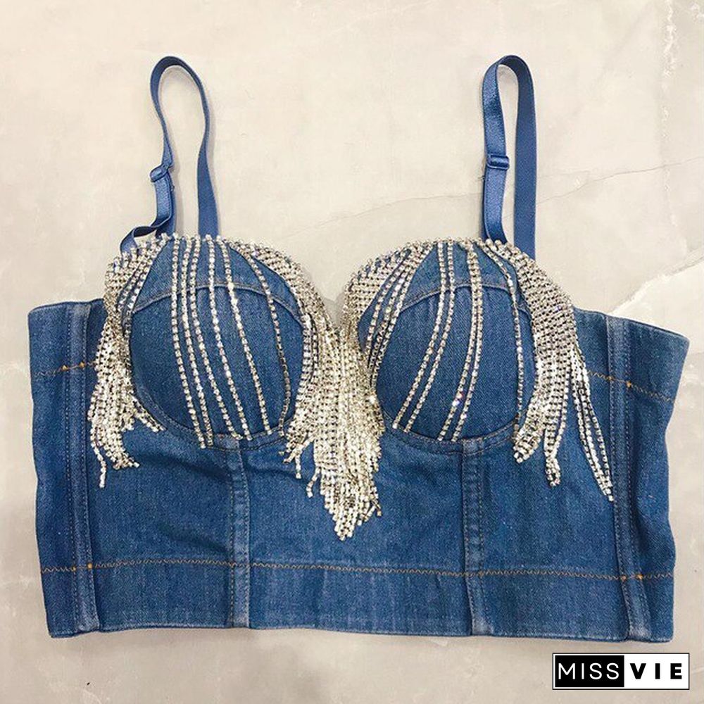 Denim Scratched Women's Spaghetti Strap Button Diamonds Ripped Push Up Bustier Night Club Party Crop Top New Corset Camise