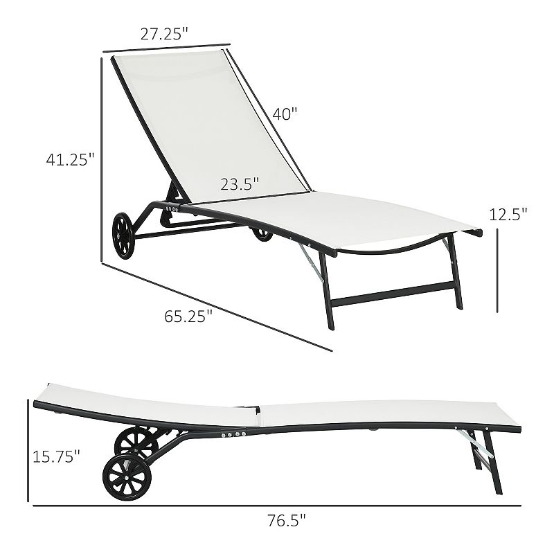 Outsunny Patio Chaise Lounge Chair Set of 2， 2 Piece Outdoor Recliner with Wheels， 5 Level Adjustable Backrest for Garden， Deck and Poolside， Cream White