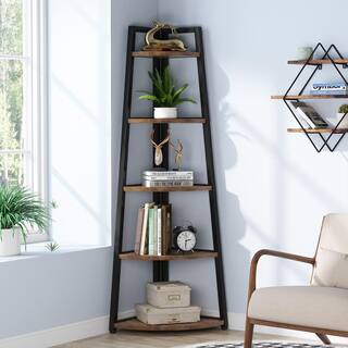 TRIBESIGNS WAY TO ORIGIN Jannelly 70 in. Rustic Brown and Black Wood 5tier 5 Shelf Corner Ladder Bookcase with Open Back HD-C0175-WZZ