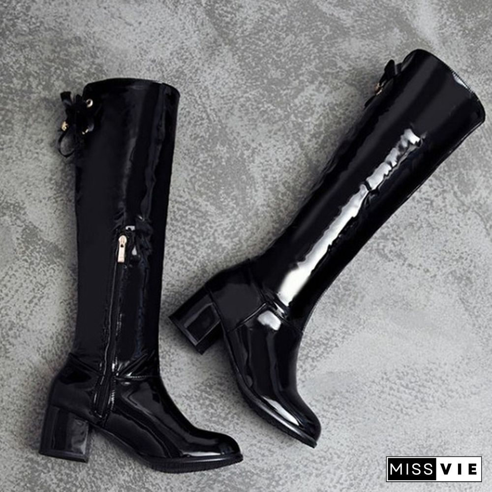 Women Knee High Boots Patent Leather Shoes Chunky Mid Heel Winter Boots Spring Autumn Fashion Plus Size