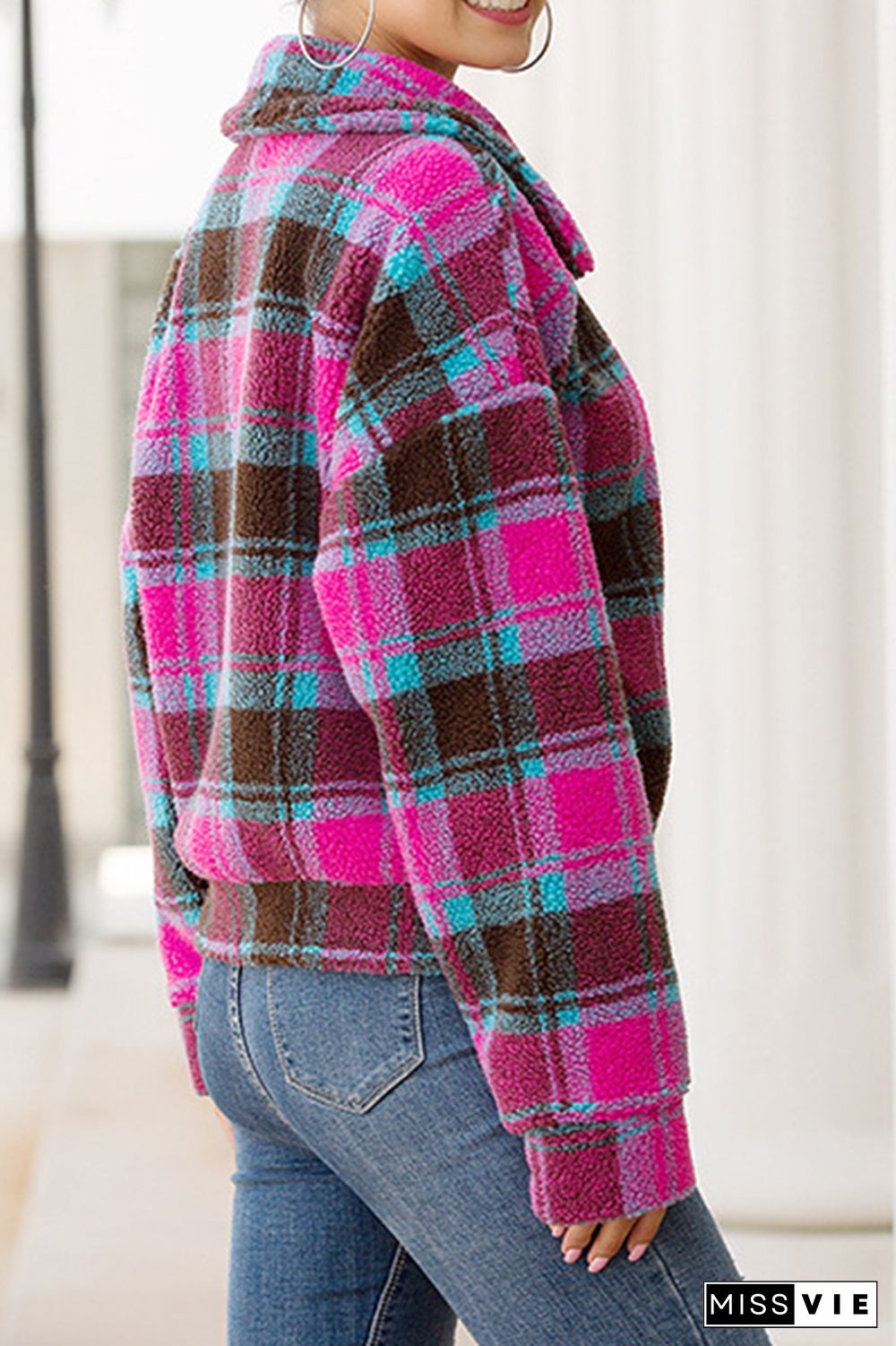 Tweed Plaid Turn-down Collar Short Jacket Wholesale