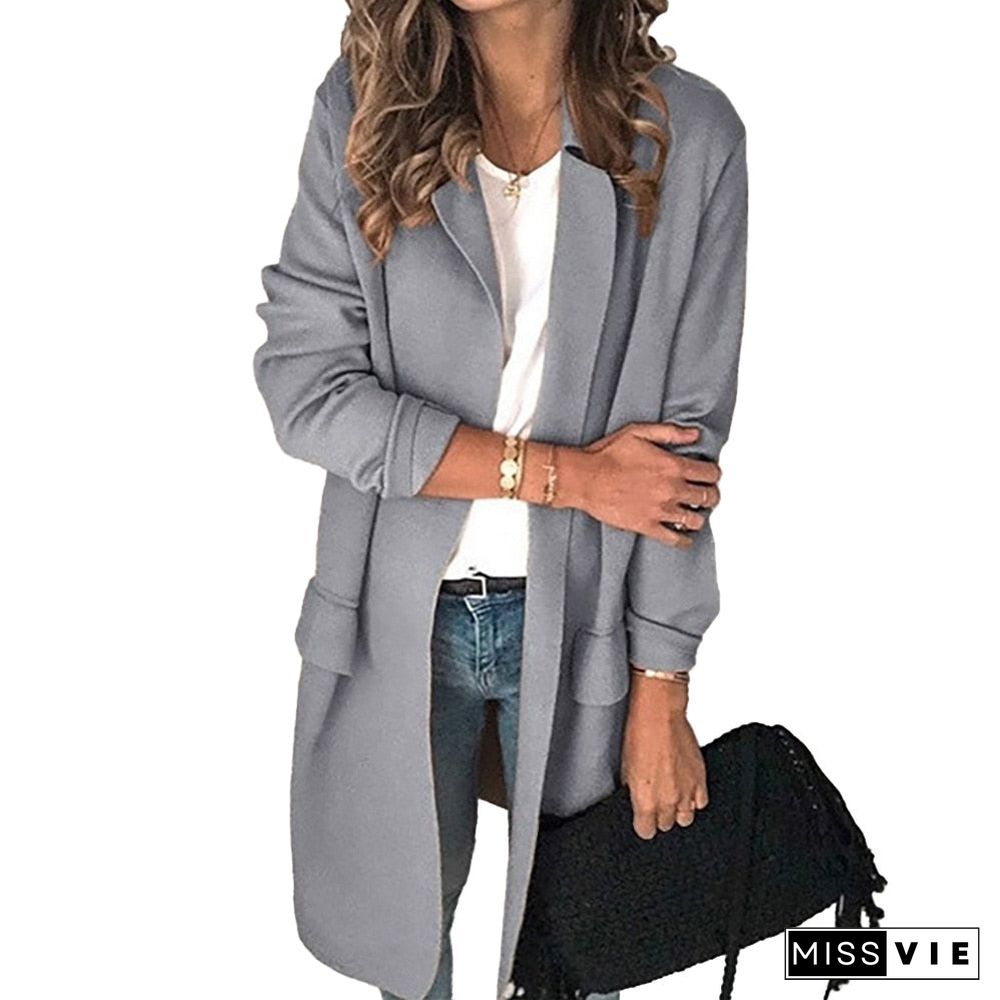 Women Eleagnt Office Lady Blazer Casual Fake Pocket Long Sleeve Long Coat Turn-Down Collar Suit Vintage Fashion Winter Jacket