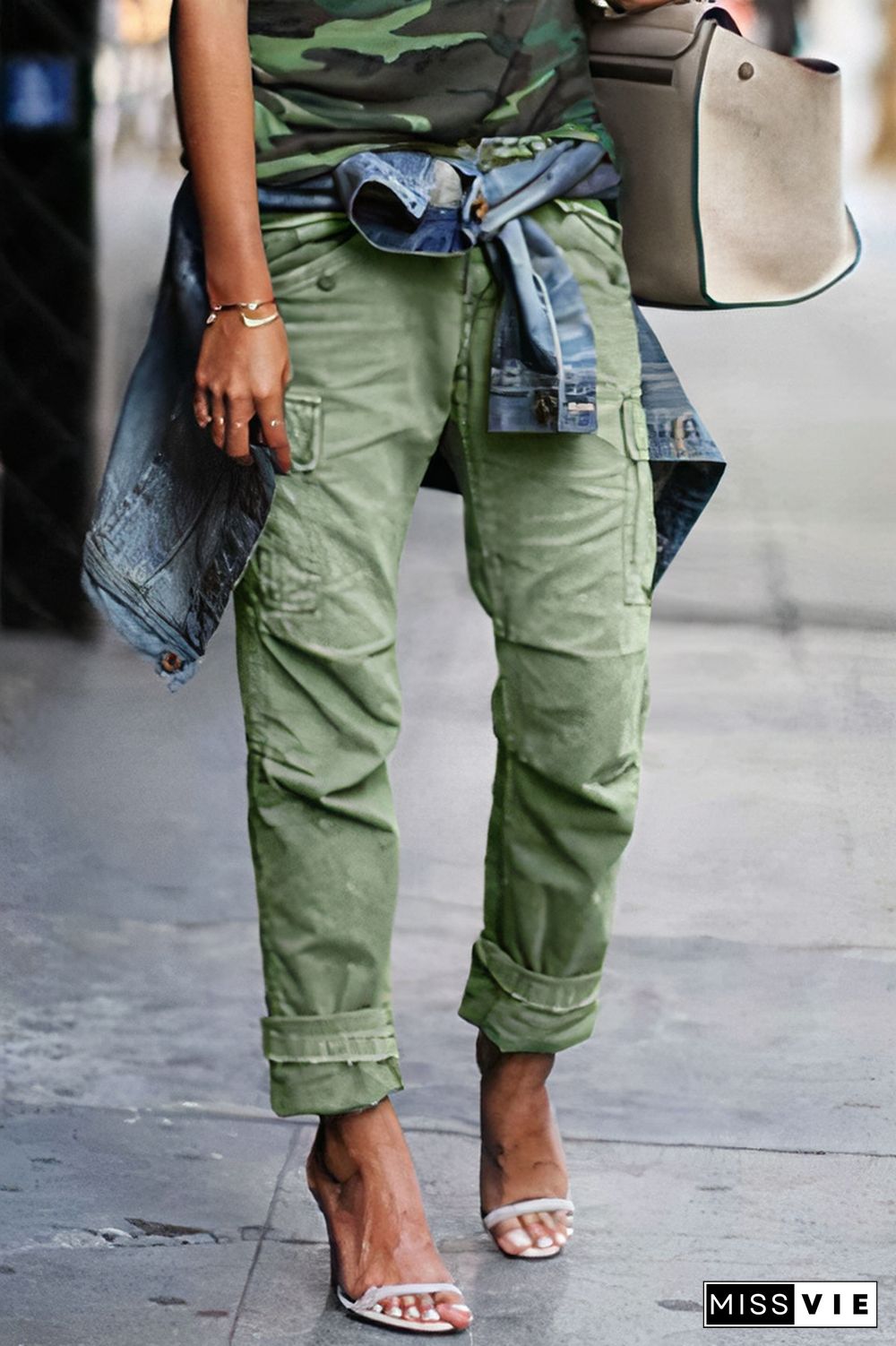 Solid Flap Pocket Straight Leg Low Waist Cargo Pants