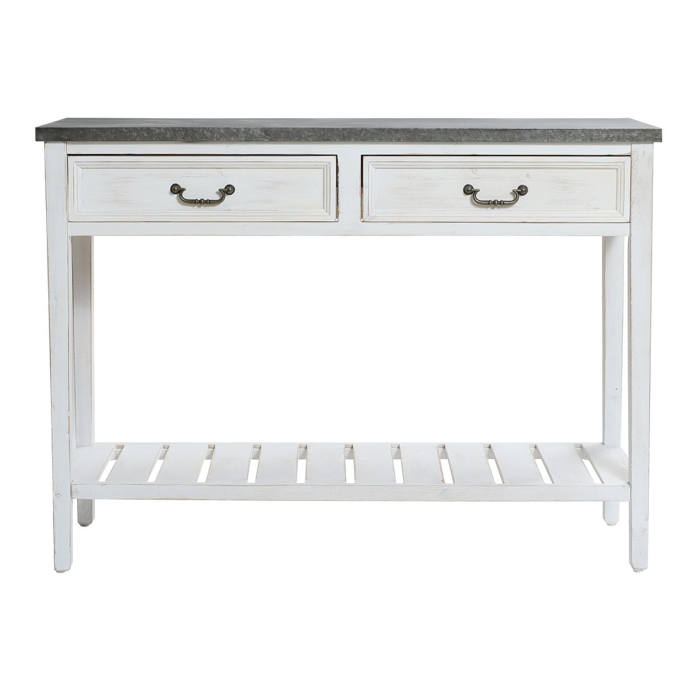 Farmhouse Distressed White Wood and Galvanize Top Console Table   31.5\