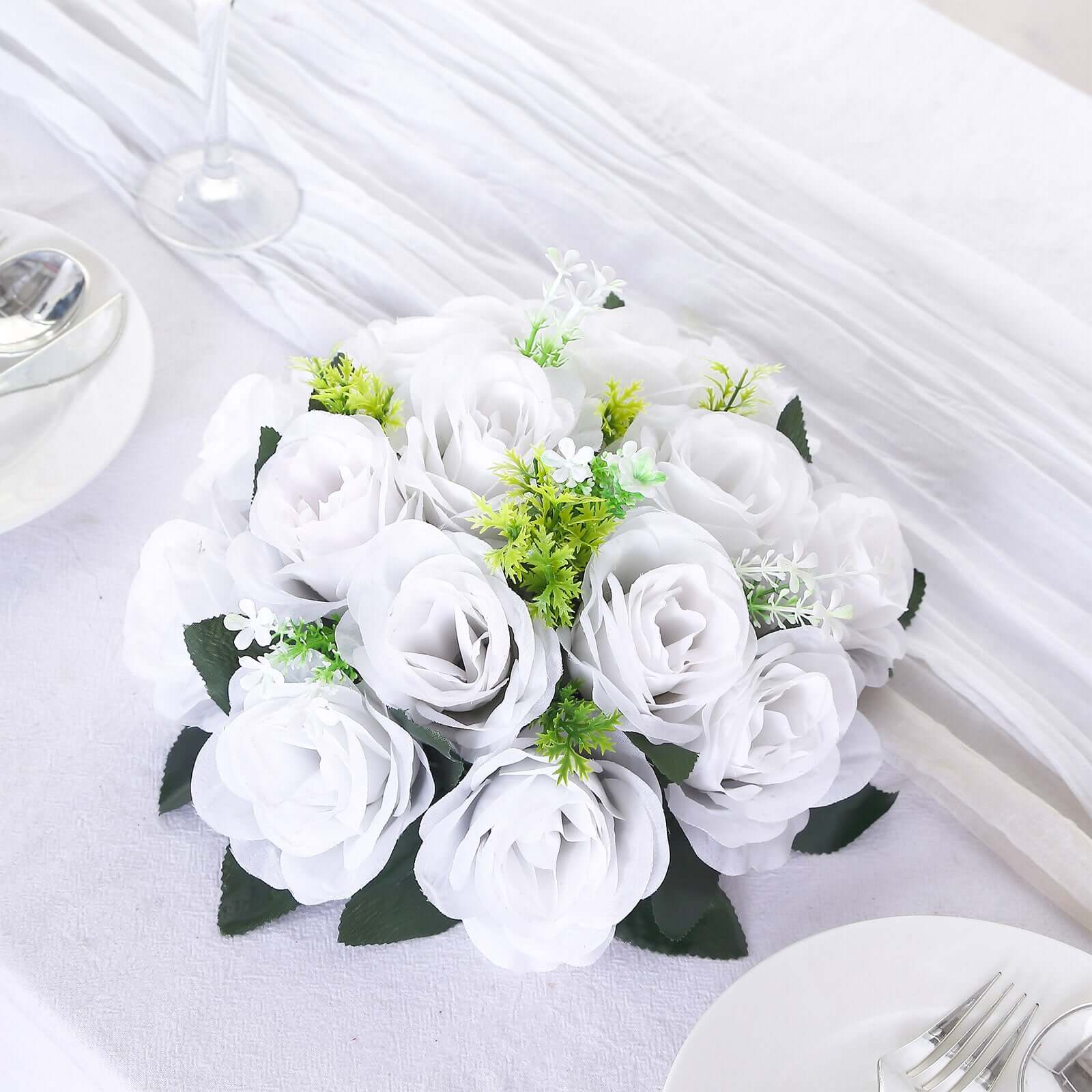 2 Pack White Artificial Flower Ball Bouquets For Centerpieces 15-Head Silk Rose Kissing Balls 10