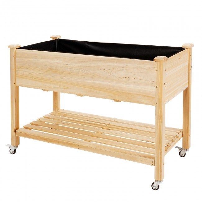 Beautops Wood Elevated Planter Bed with Lockable Wheels Shelf and Liner - Natural Wood