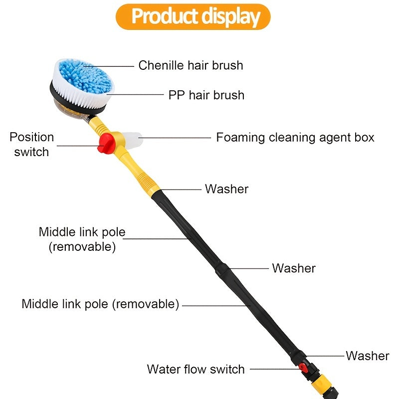 Car Wash Brush Cleaning Kit 360° Spin Car Mop Microfiber Car Cleaning Brush Detachable Extendable Scrub Brush Garden Hose Spray Nozzle Spray Gun