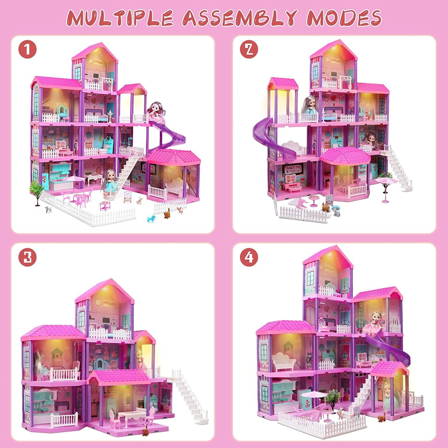 HopeRock 36 inch Dollhouse with Slide，Dolls and 11 Rooms，Creative Dollhouse Toys Gift for 3 to 8 Year Old Girls