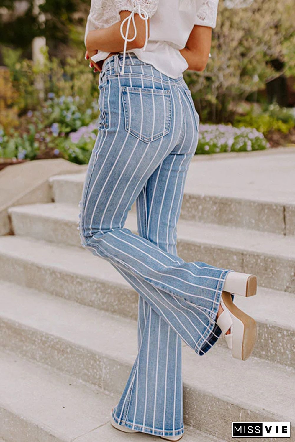 Sky Blue Vertical Striped Ripped Flare Jeans