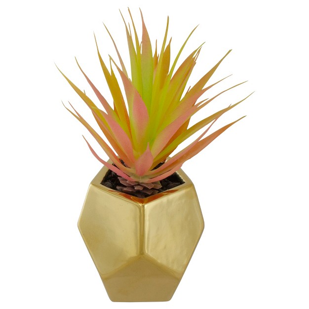 Green Artificial Sword Grass In A Gold Geometric Pot