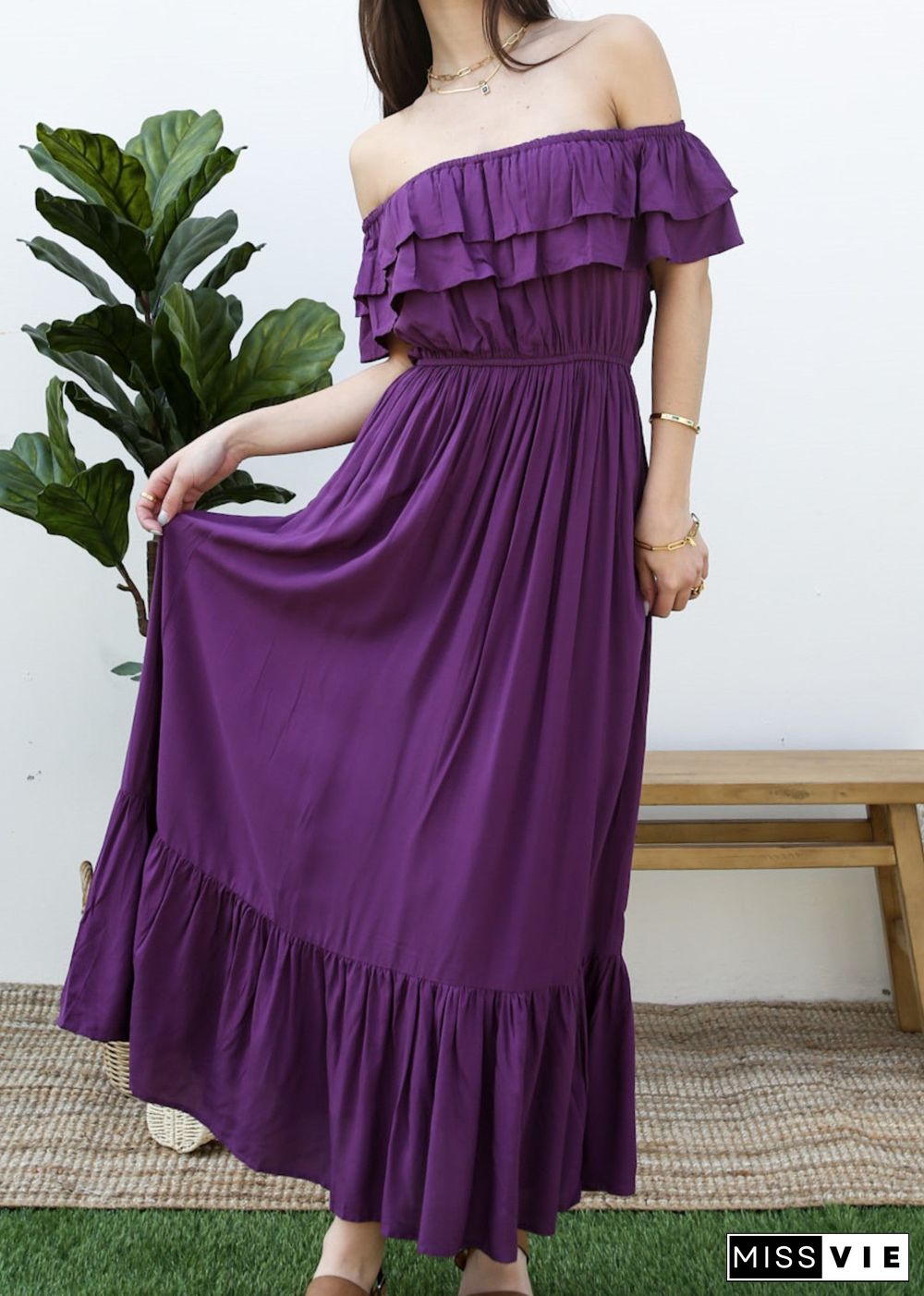 Grecian Ruffle Stretch Maxi Long Dress