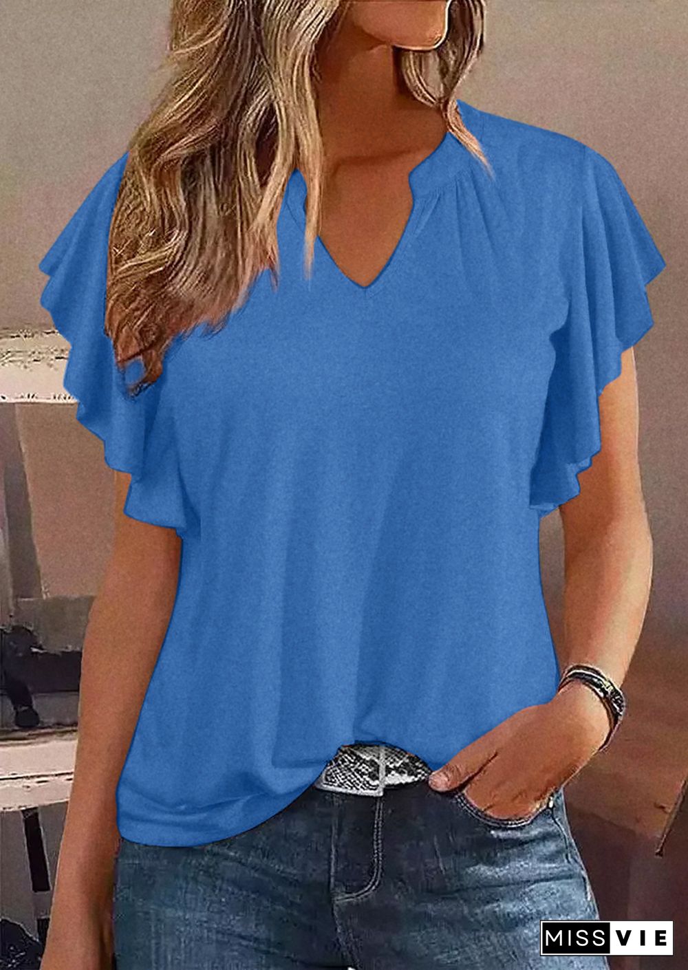 Solid Ruffle Armhole Notched Neck T-Shirt