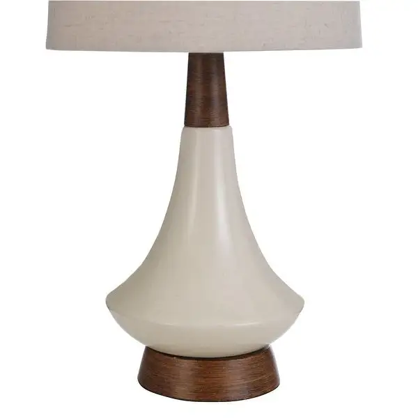 Poly Resin and Ceramic Table Lamp - Faux Wood， Cream Finish - White Hardback Styrene Shade