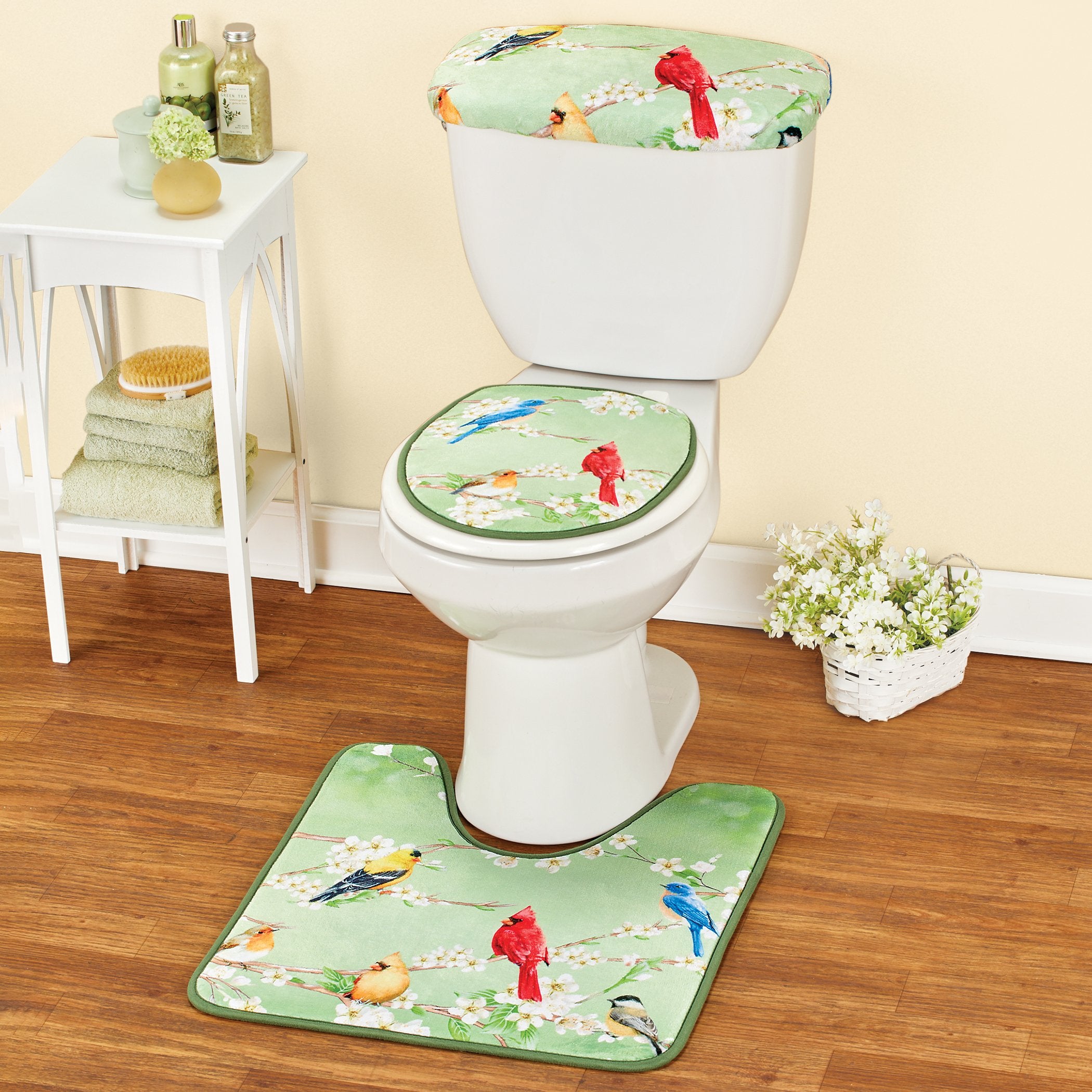 Collections Etc Spring Songbirds and Blossoms Scene Toilet Cover Set