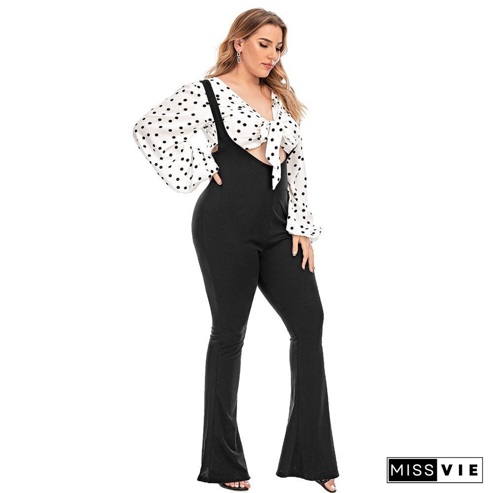 Sale Women Two Piece Set Puff Sleeve Crop Tops Bib Pants Polka Dot Shirts Elegant Clothing Bell Bottom Pant 6Xl Plus Size D30