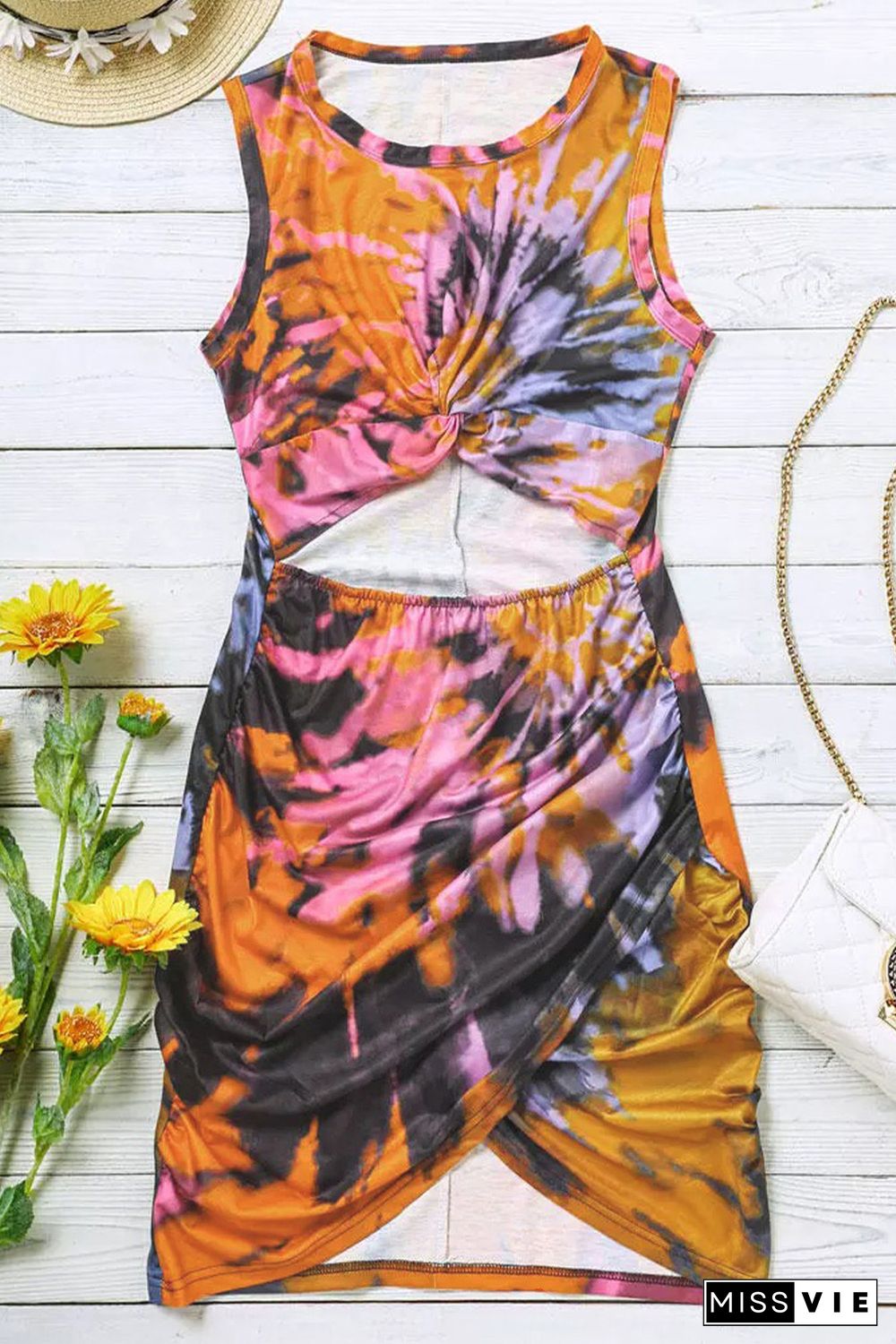 Multicolor Tie-dye Print Hollow Out Twist Bodycon Mini Dress