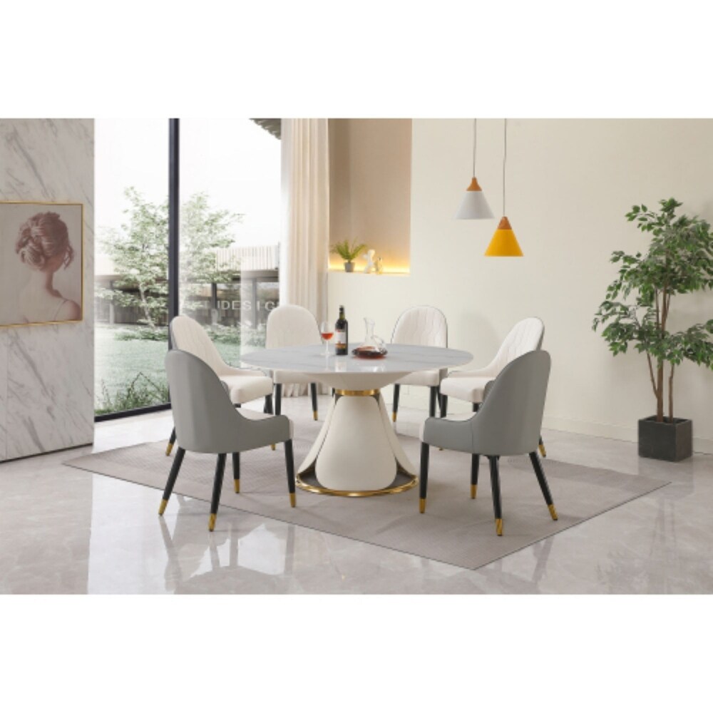 53in Modern Gold Round Dining Table Set with Stainless Steel Base with 6 pcs Chairs