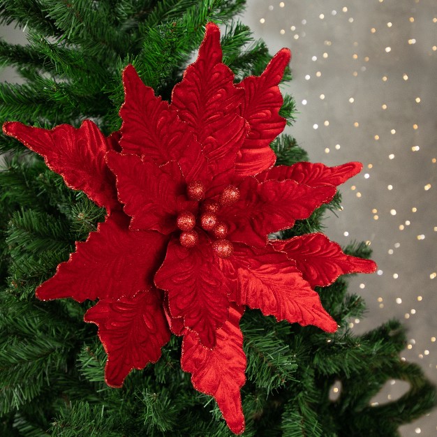 Glittered Red Poinsettia Christmas Stem Spray