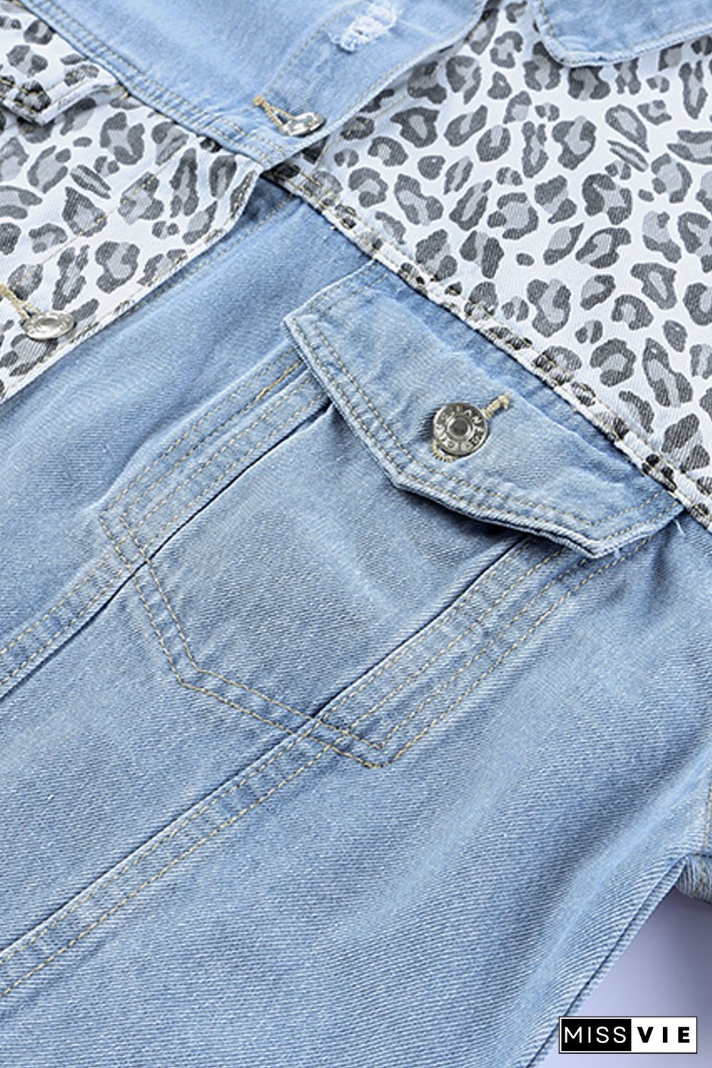 Sky Blue Plus Size Leopard Ripped Cropped Denim Jacket