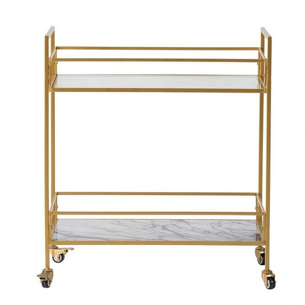 28 Inch Rolling Bar Cart， Modern， 2 Tier， Caster Wheels Glass Shelves， Gold - 32 H x 14 W x 28 L Inches