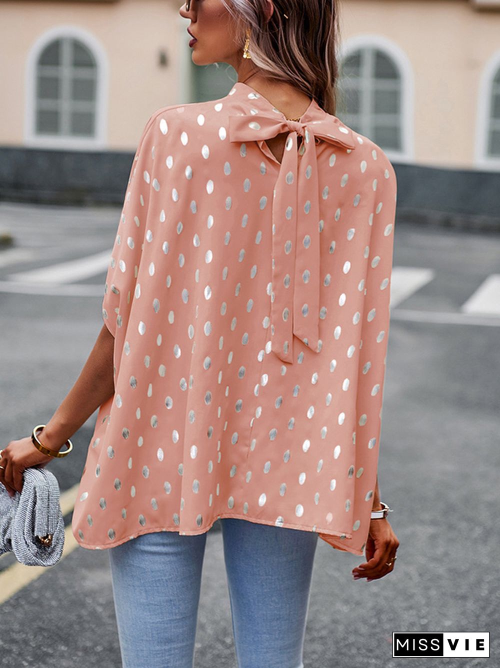 Loose Bandage Polka Dot Round-Neck Blouses&Shirts Tops