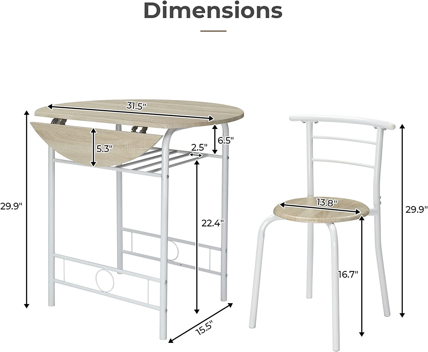 VINGLI Folding Dining Table and Chairs for 2,31.5 Drop Leaf Dining Table for Small Space,Round Folding Table with 2 Chairs for Home,Kitchen,Apartment,White&Oak