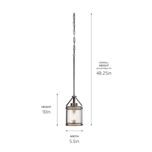 Kichler 34810 Barrington Anvil Iron and Distressed Antique Grey Rustic Seeded Glass Cylinder Mini Pendant Light