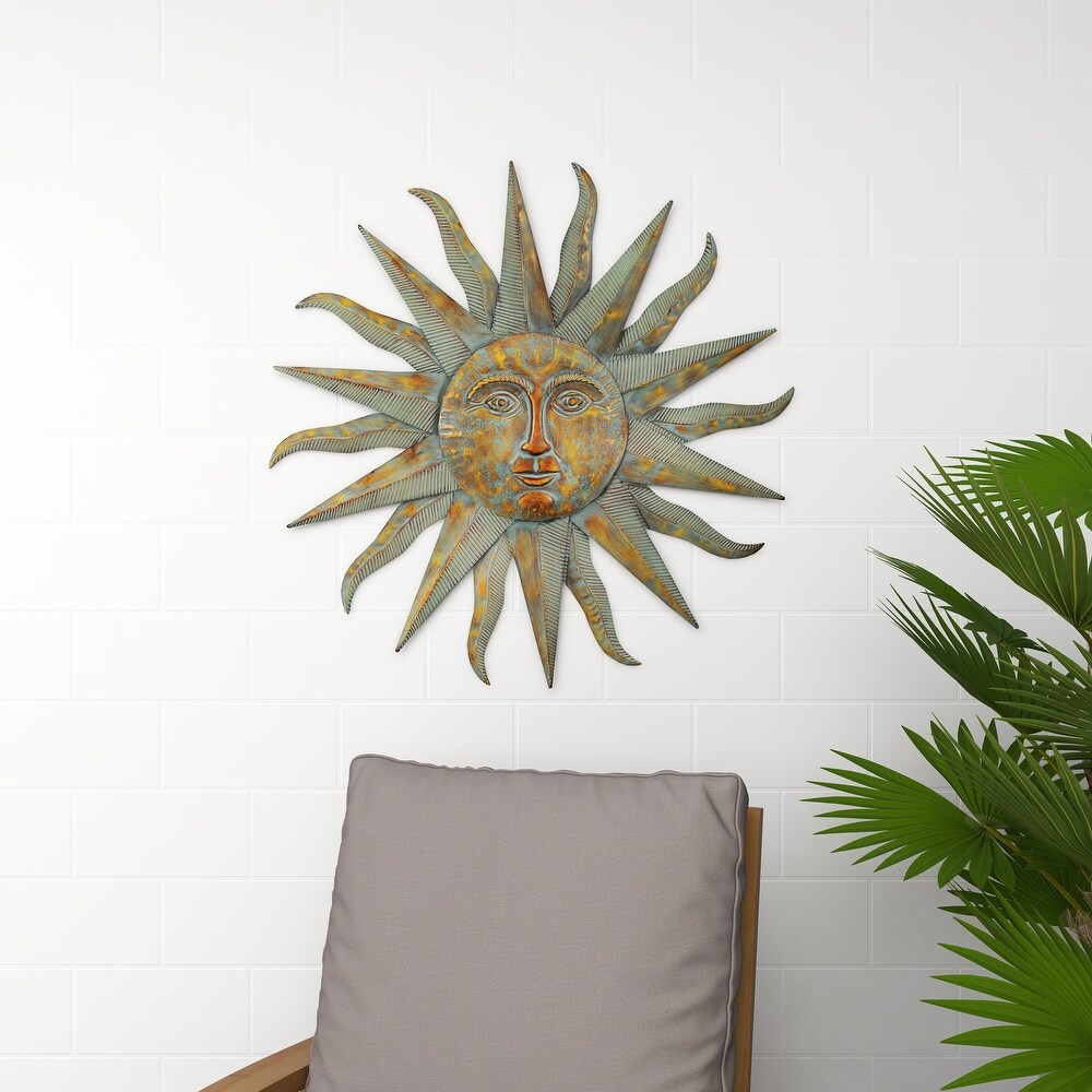 Gold Metal Indoor Outdoor Distressed Sunburst Wall Decor with Copper Like Accents and Grooves   35 x 1 x 35Round