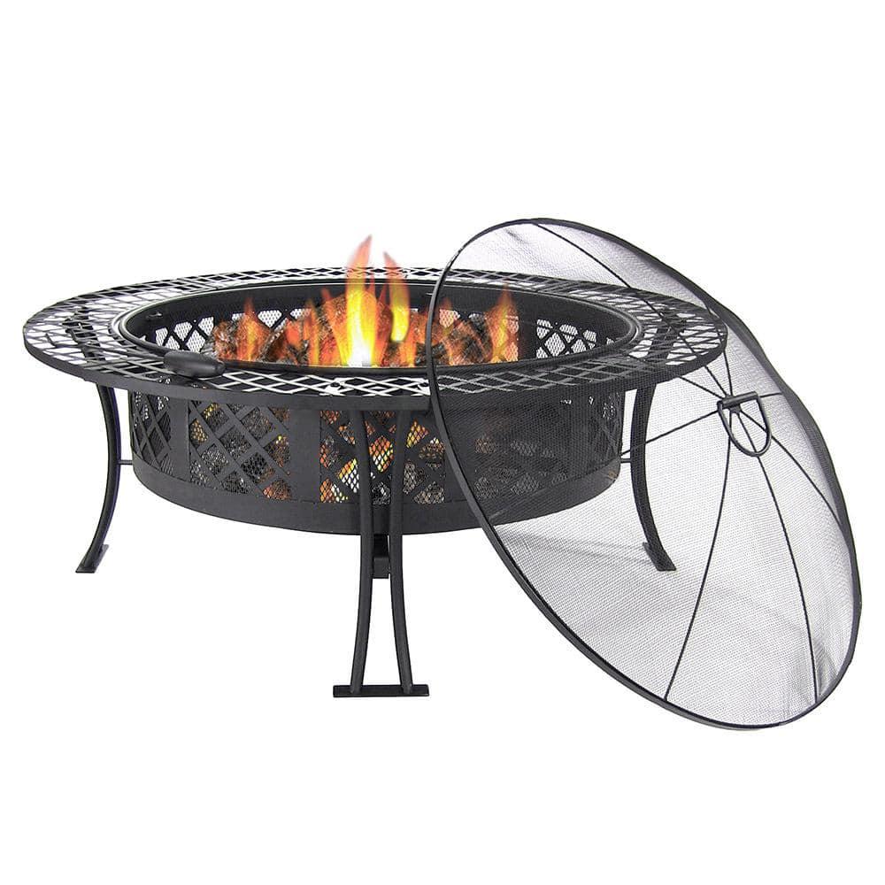 Sunnydaze Decor Diamond Weave 40 in x 20 in Round Steel Wood Burning Fire Pit in Black with Spark Screen