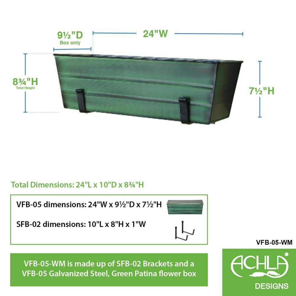 ACHLA DESIGNS 24 in. W Green Medium Galvanized Steel Flower Box with Wall Brackets VFB-05-WM