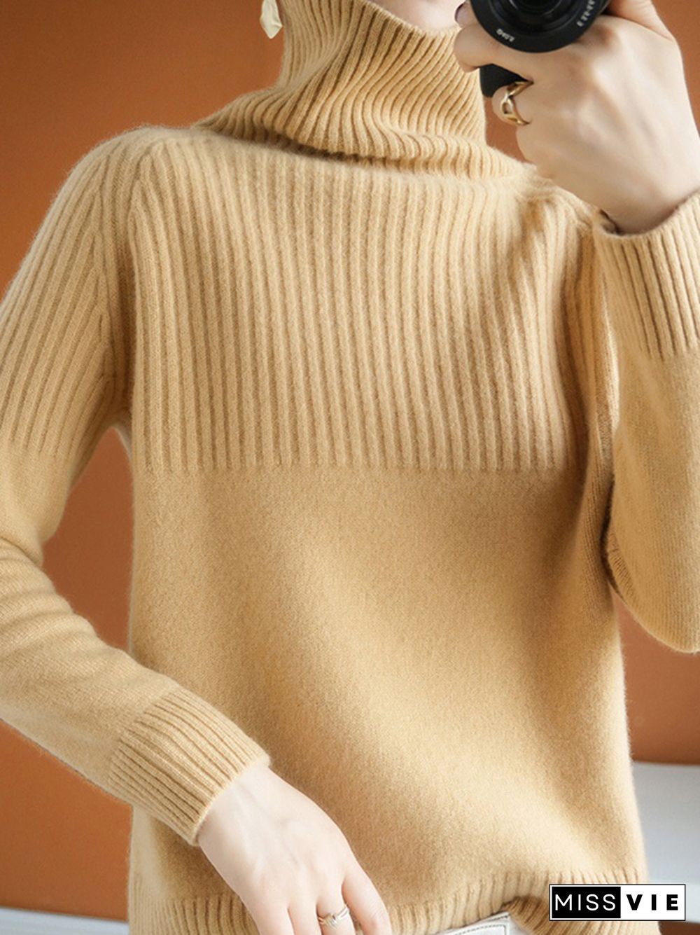 Casual Long Sleeves Loose Solid Color High-Neck Sweater Tops