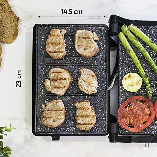 Electric Grill. 700 W, RockStone Stone Coating, Maximum Non-Stick and Better Cleaning, Cold Touch Handle, Surface 23 x 14.5 cm, Steel and Black