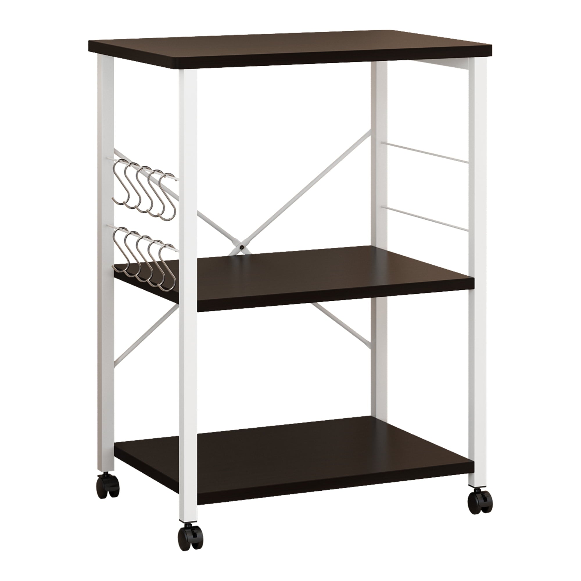 UBesGoo 3 Tiers Kitchen Bakers Rack Storage Shelf Kitchen Cart Microwave Oven Stand Workstation with 10 Hooks, Dark Brown/White