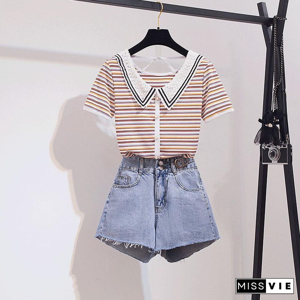 Stripe Lapel Tee+Denim Shorts P15530