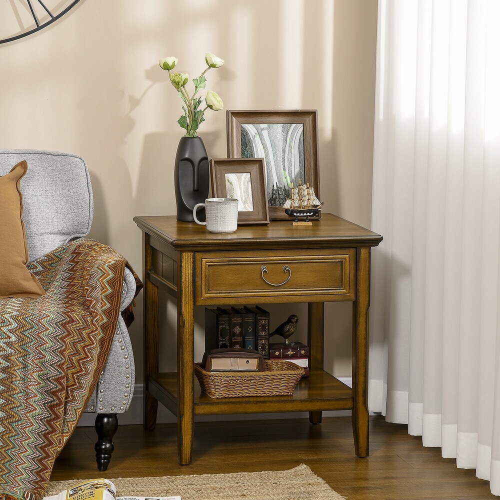 Retro Side Table  End Table with Storage Drawer and Open Shelf for Living Room  Bedroom