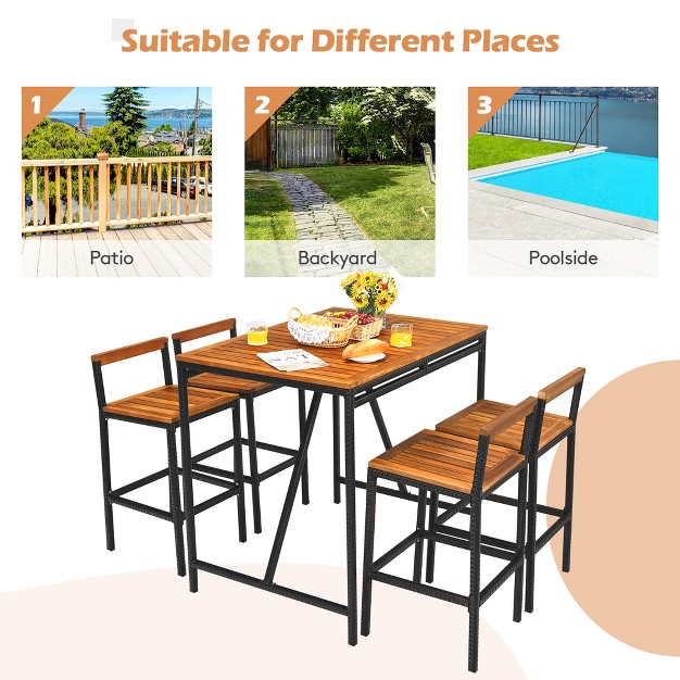 Costway 5pcs Patio Rattan Bar Table Stool Set Acacia Wood Top W umbrella Hole