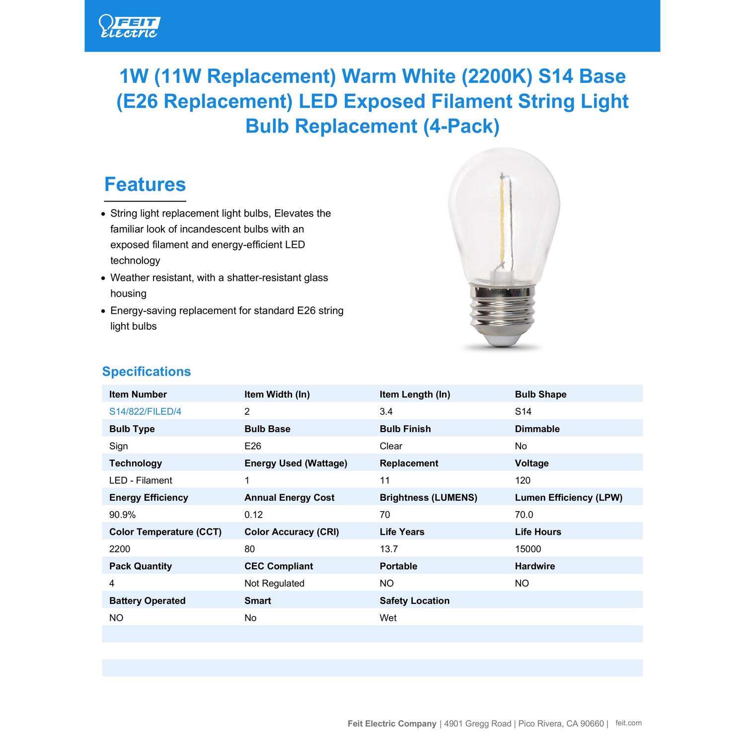 Feit LED S14 E26 (Medium) LED Bulb Warm White 11 Watt Equivalence 4 pk