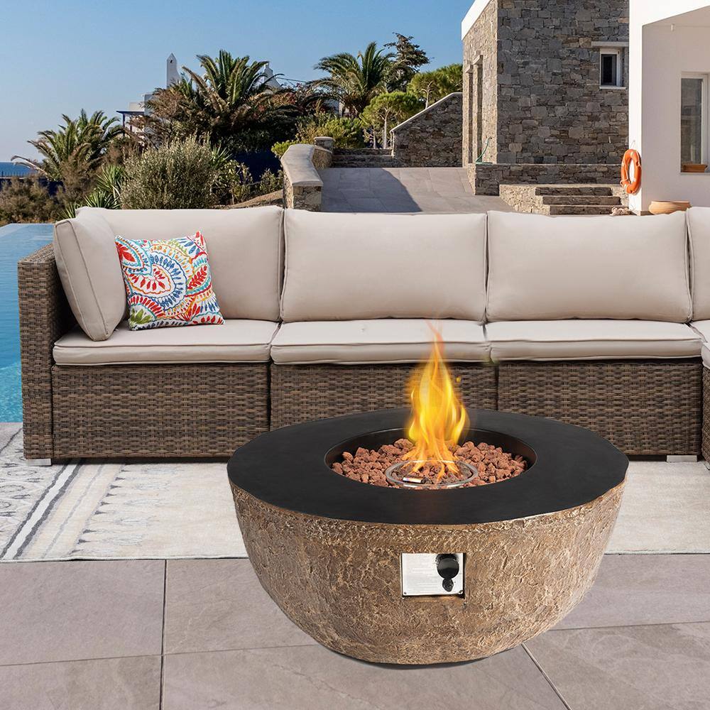 Runesay 42 in. Outdoor Concrete Gas Fire Pit Bowl Brown Faux Stone Large Fire Pit Table PropaneLiquefied Petroleum Gas LARFIRPITTAB