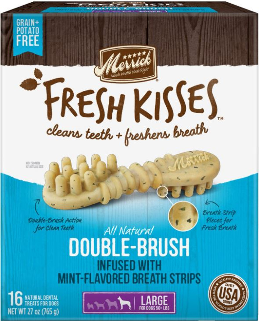 Merrick Fresh Kisses Double-Brush Mint Infused Breath Strips Dog Treats， Large， 16 Count