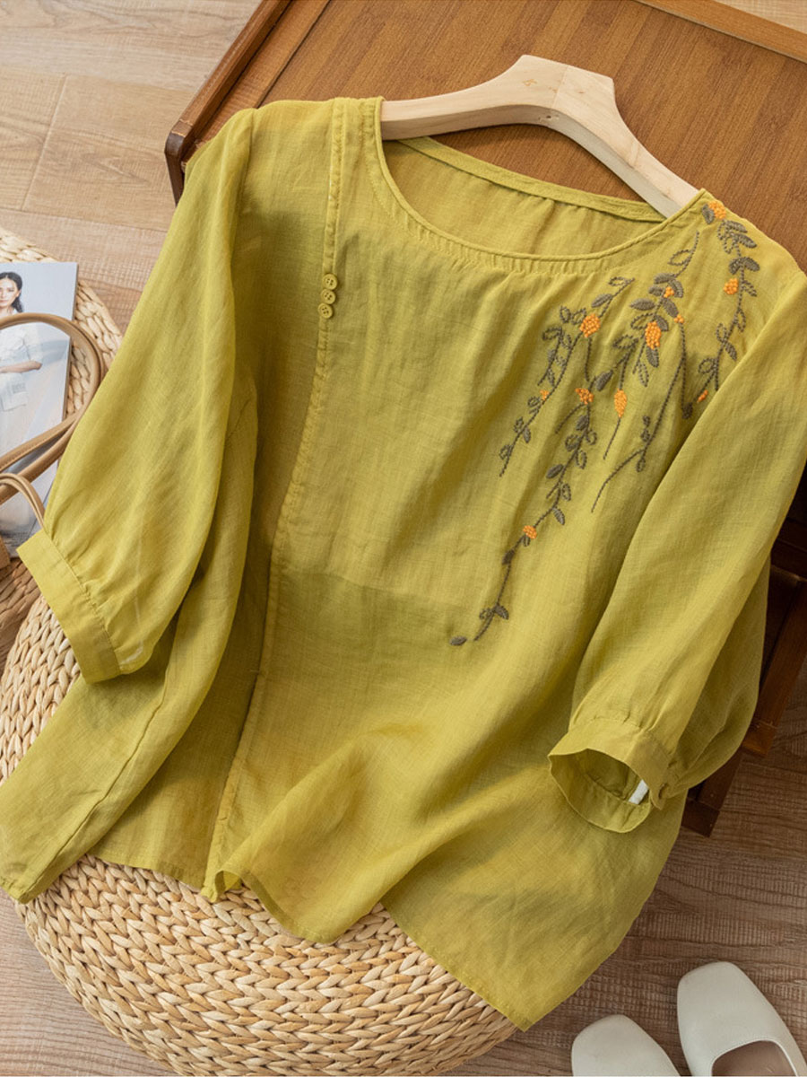 Round Neck Casual Loose Embroidered Mid Sleeve Blouse