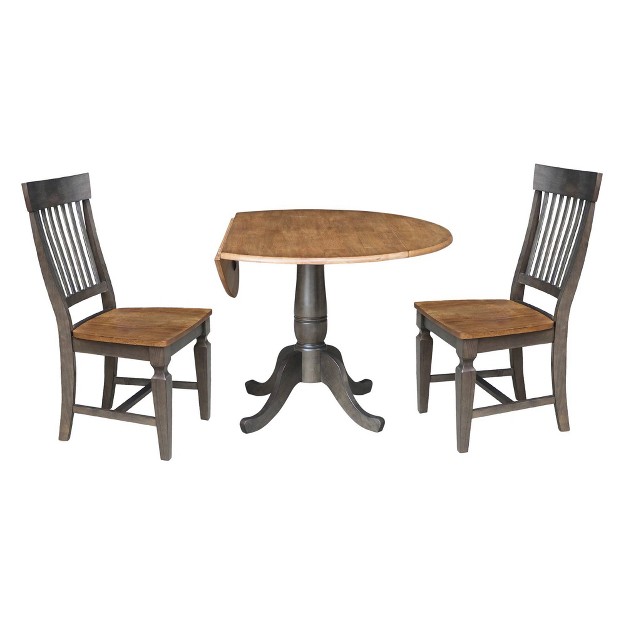 Round Dual Drop Leaf Dining Table With 2 Slat Back Chairs Hickory washed Coal International Concepts