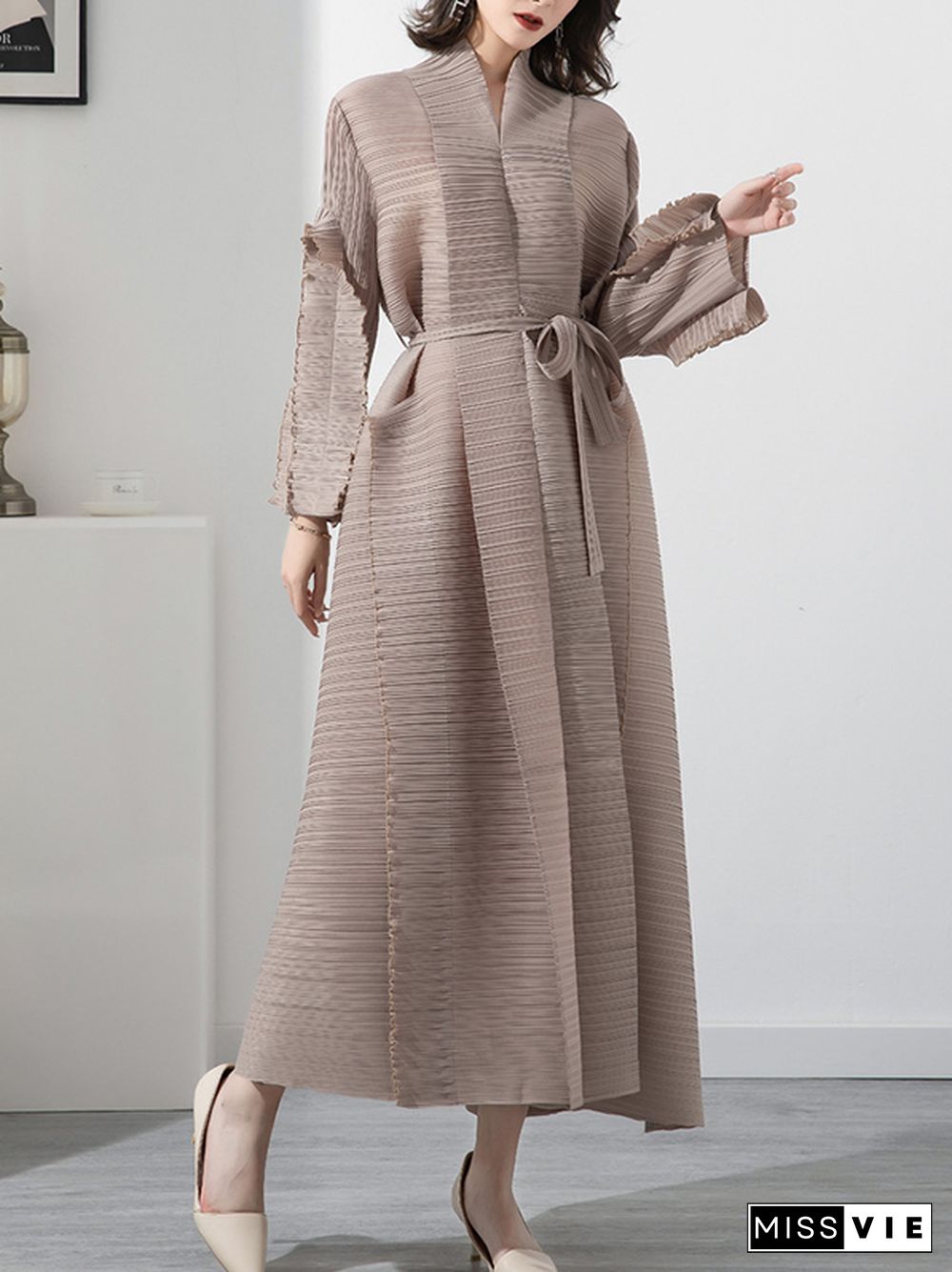 Casual Long Sleeves Loose Tied Pleated Stand Collar Midi Dresses