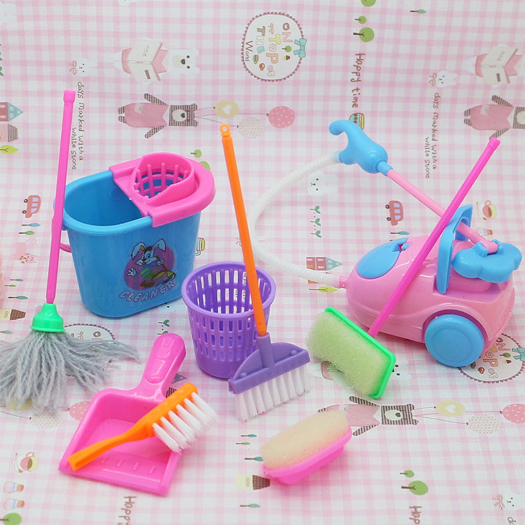 TureClos 9pcs/set Mini Pretend Play Mop Broom Toys， Cute Kids Cleaning Furniture Tools Kit - Random Color (Specially designed for Barbie dollhouse/toy dolls accessory)