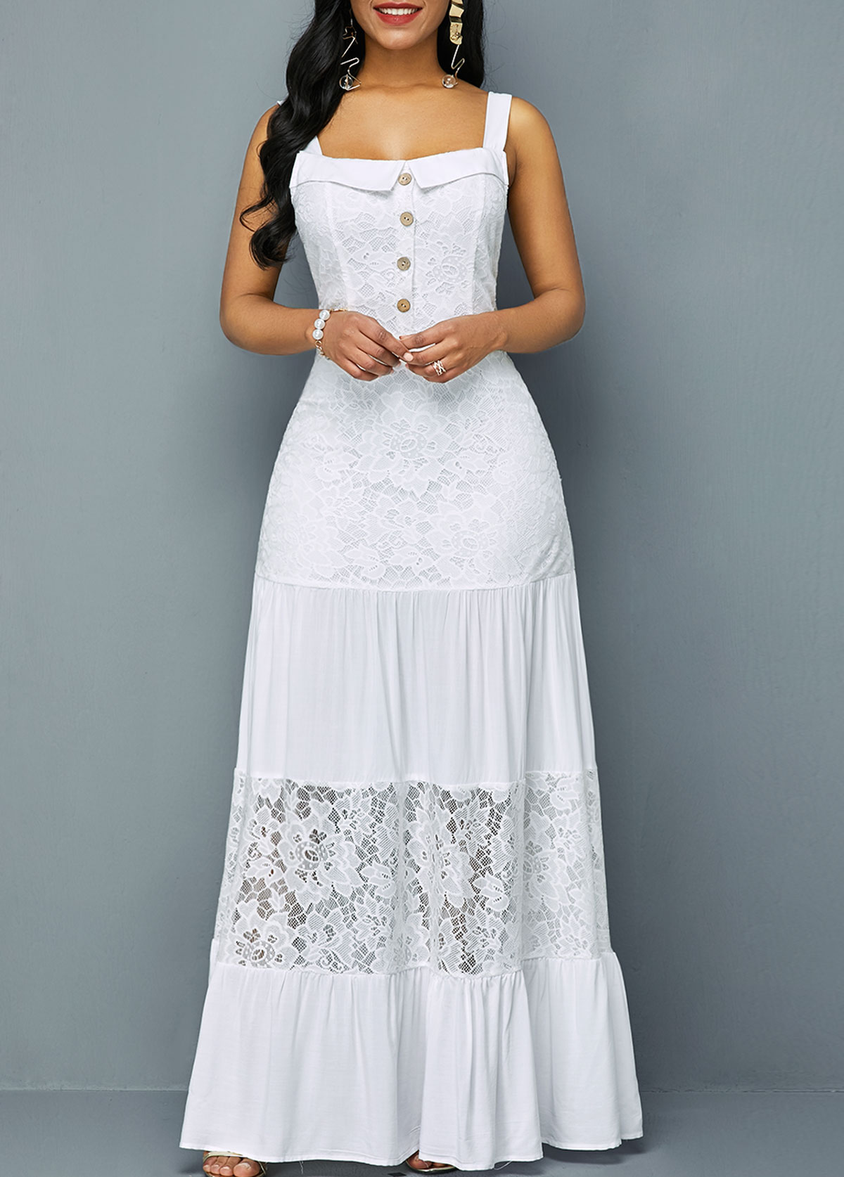 Lace Patchwork Ruffle Hem Button Detail Dress