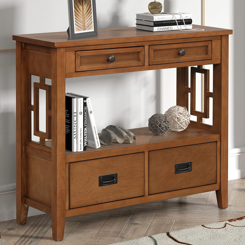 Farmhouse Classic Console Table  Geometric Cut Out Sides With 4 Drawers  Brown   Farmhouse   Console Tables   by Decor Love  Houzz