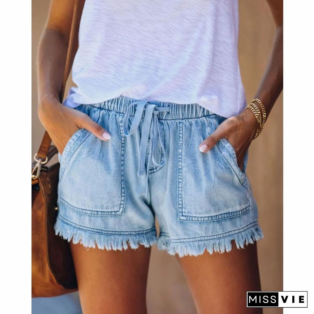 Women Summer Thin Denim Shorts Drawstring Waist Jeans Tassel Short Pants Ladies Beach Shorts