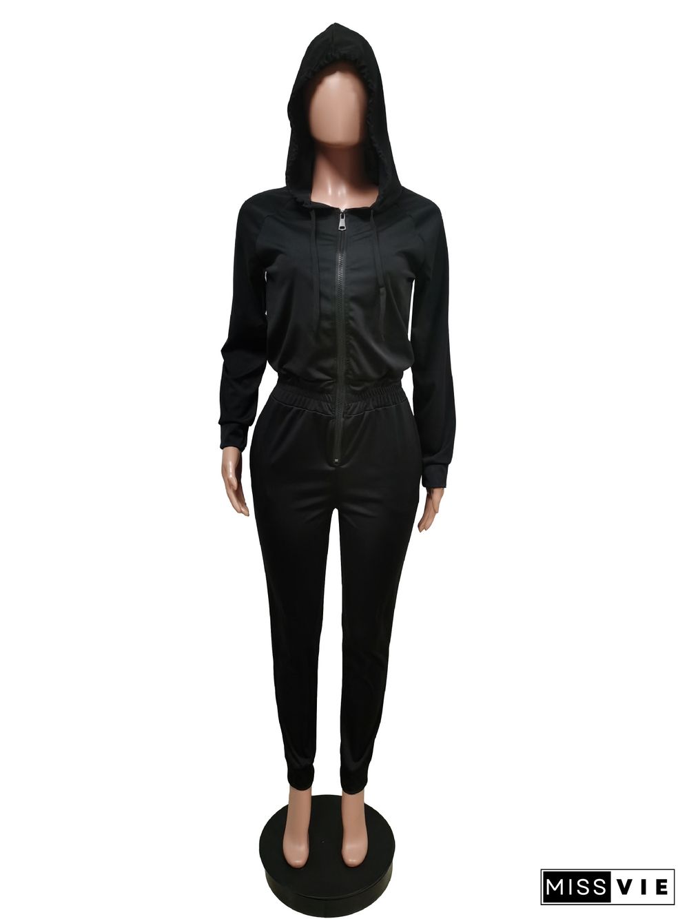 Casual Solid-color Long Sleeve Hooded Zipper Jumpsuit